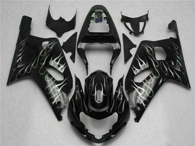 2001-2003 Suzuki GSXR 600/750 Motorcycle Fairings - Glossy Black Silver Flame Australia