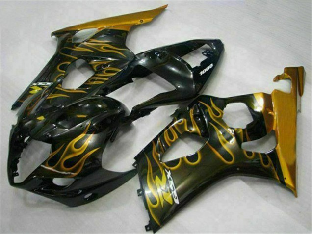 2003-2004 Suzuki GSXR 1000 Motorcycle Fairings - Glossy Black Gold Flame Australia