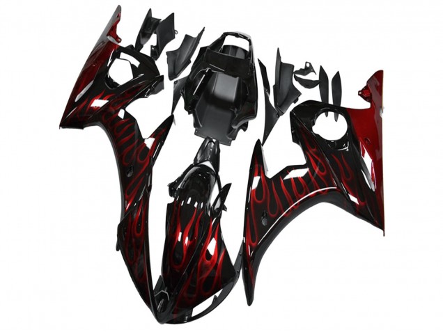 2003-2004 Yamaha YZF R6 Motorcycle Fairing - Glossy Black Red Flame Australia