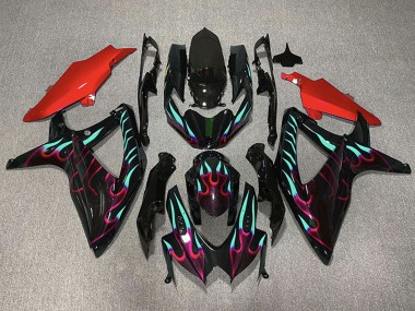 2008-2010 Suzuki GSXR 600 / GSXR 750 Motorcycle Fairings - Glossy Black Red Cyan Flame Australia
