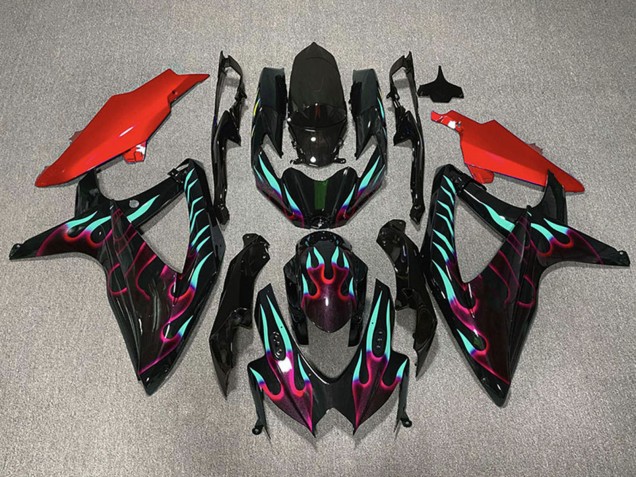 2008-2010 Suzuki GSXR 600 / GSXR 750 Motorcycle Fairings - Glossy Black Red Cyan Flame Australia