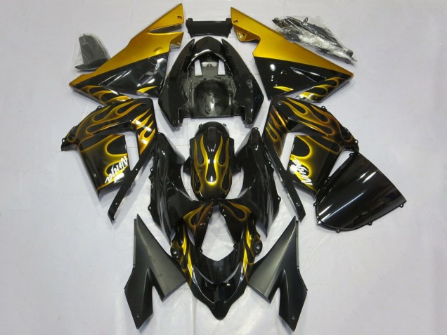 2004-2005 Kawasaki ZX10R Motorcycle Fairings - Glossy Black Gold Flame Australia