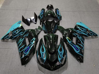 2006-2011 Kawasaki ZX14R Motorcycle Fairings - Glossy Black Light Blue Flame Australia