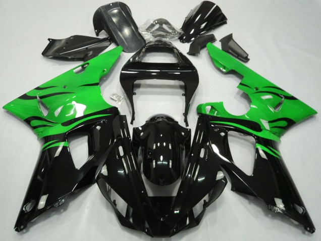 2000-2001 Yamaha R1 Motorcycle Fairings - Green Glossy Black Flame Australia