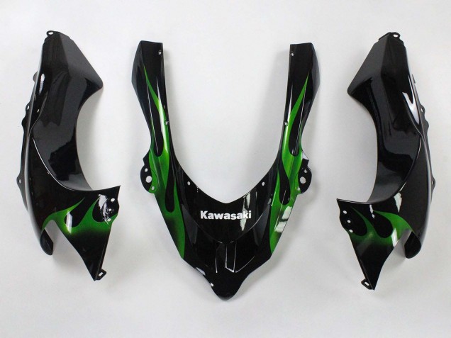 2004-2005 Kawasaki ZX10R Motorcycle Fairings - Black with Green Flame Ninja Australia