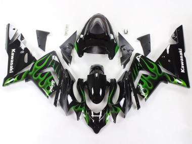 2004-2005 Kawasaki ZX10R Motorcycle Fairings - Black with Green Flame Ninja Australia