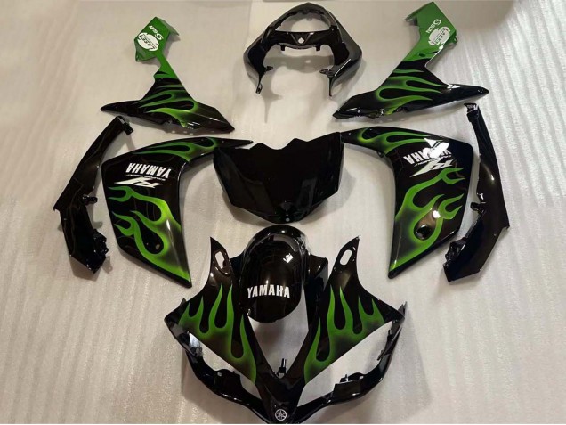 2004-2006 Yamaha YZF 1000 R1 Motorcycle Fairings - Glossy Black Green Flame White Decal Australia