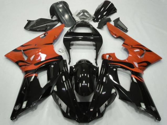 2000-2001 Yamaha YZF 1000 R1 Motorcycle Fairings - Orange Glossy Black Flame Australia