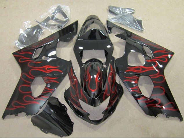 2004-2005 Suzuki GSXR 600 Motorcycle Fairings - Glossy Black Red Flame Australia