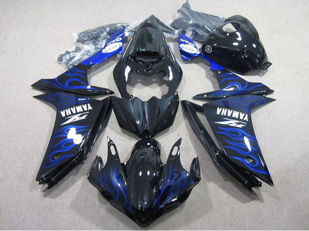2007-2008 Yamaha YZF R1 Motorcycle Fairings - Glossy Black Blue Flame Australia