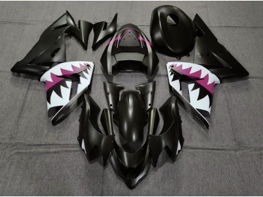 2004-2005 Matte Black and Pink Shark Kawasaki ZX10R Motorcycle Fairing