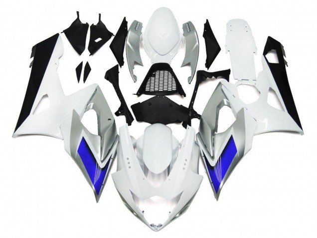 2005-2006 Gloss White Style with Silver Hints and Blue Suzuki GSXR 1000 Motorcycle Fairing 2005-2006 Gloss White Style with Silver Hints and Blue Suzuki GSXR 1000 Motorcycle Fairing