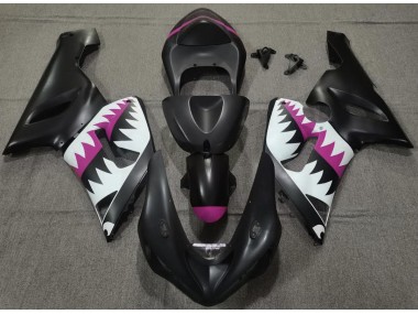 2005-2006 Matte Black and Pink Shark Kawasaki ZX6R Motorcycle Fairing