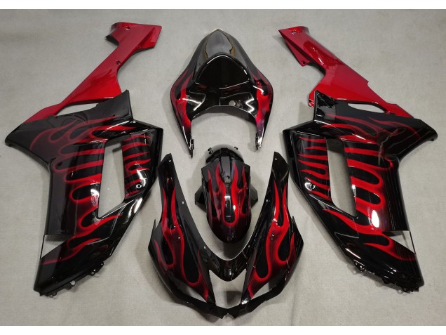 2007-2008 Gloss Black & Red Flame Kawasaki ZX6R Motorcycle Fairing