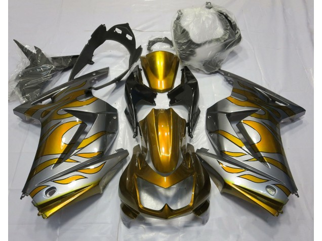 2008-2012 Gold and Silver Flame Kawasaki Ninja 250 Motorcycle Fairing